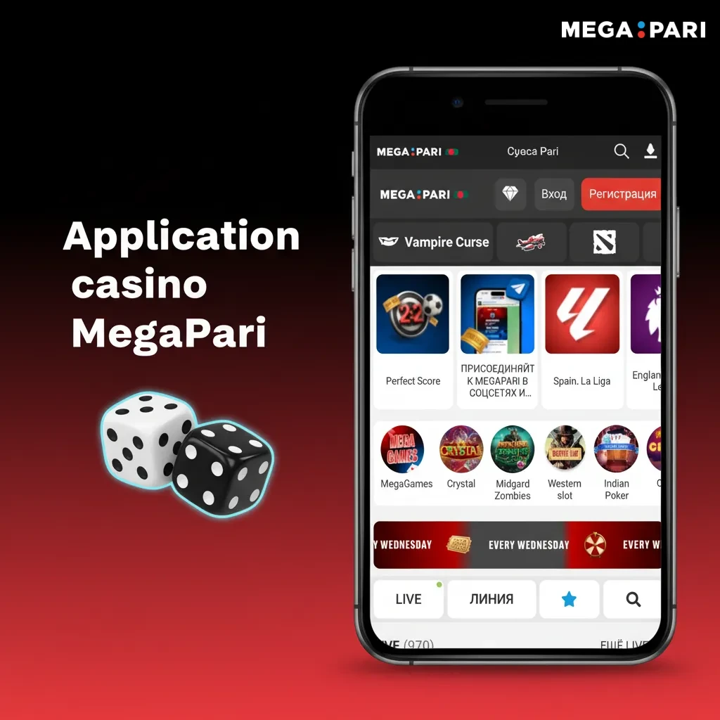 Écran de l’appli MegaPari: lobby casino avec machines à sous, tables en direct, blackjack, roulette et promos régulières.