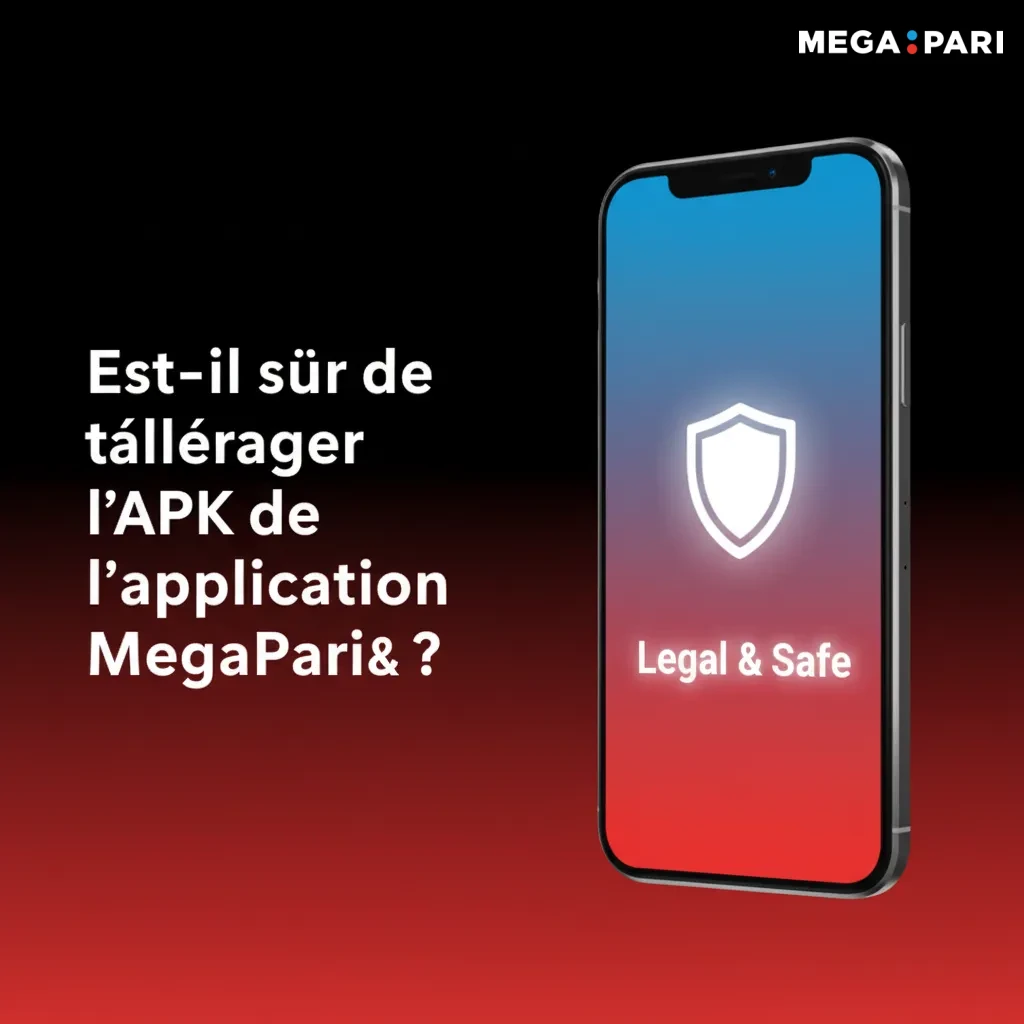 Smartphone affichant le téléchargement de l’APK MegaPari, cadenas SSL et chiffrement, site officiel sécurisé.