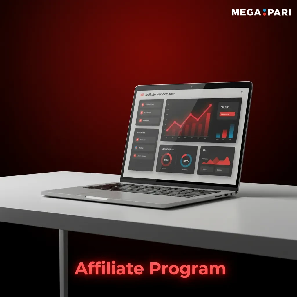 Affiliate program graphic with tiered revenue share, India-focused SEO, social, media buying, and tracking dashboard.