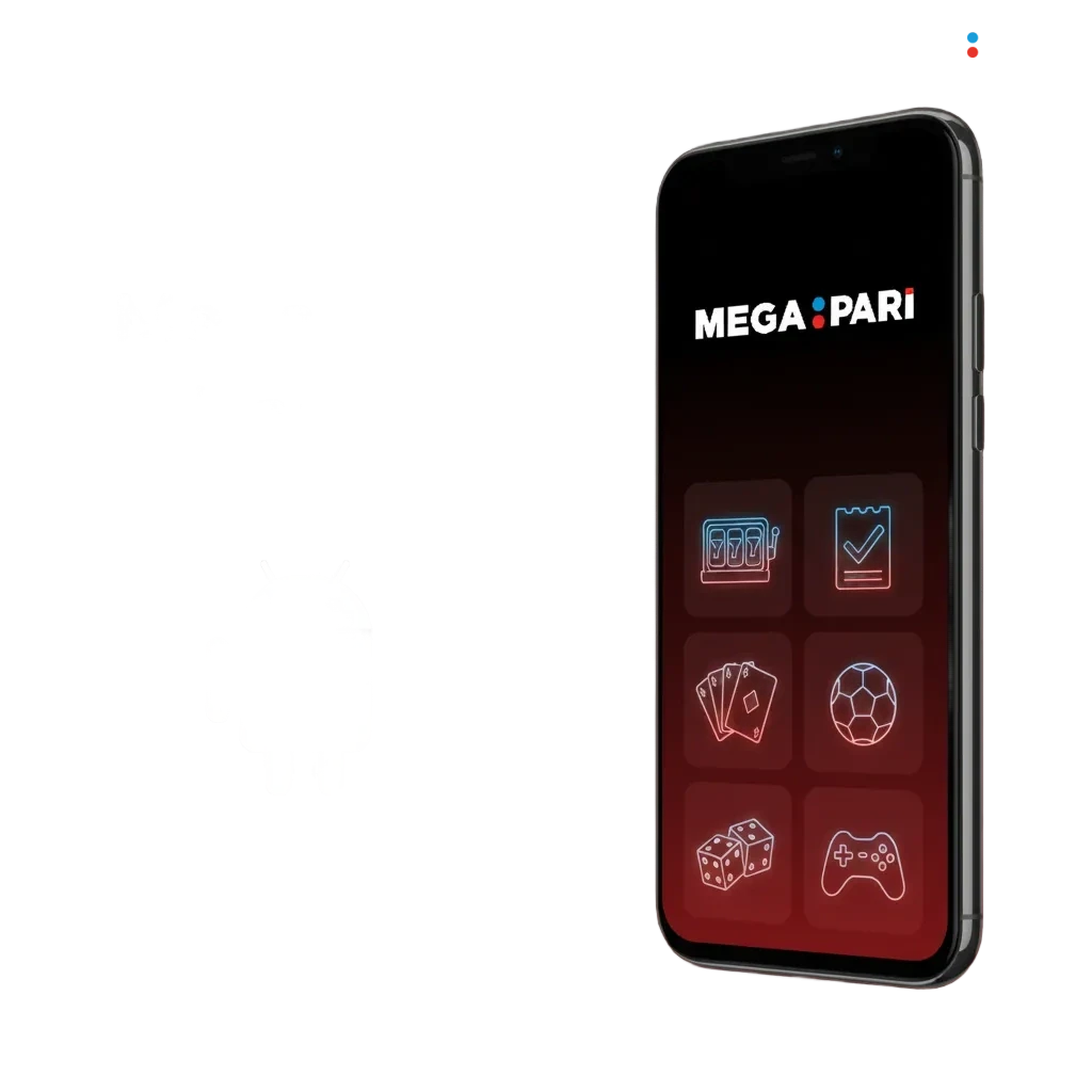 MegaPari Android app on a smartphone, offering mobile betting and casino games with full site features.