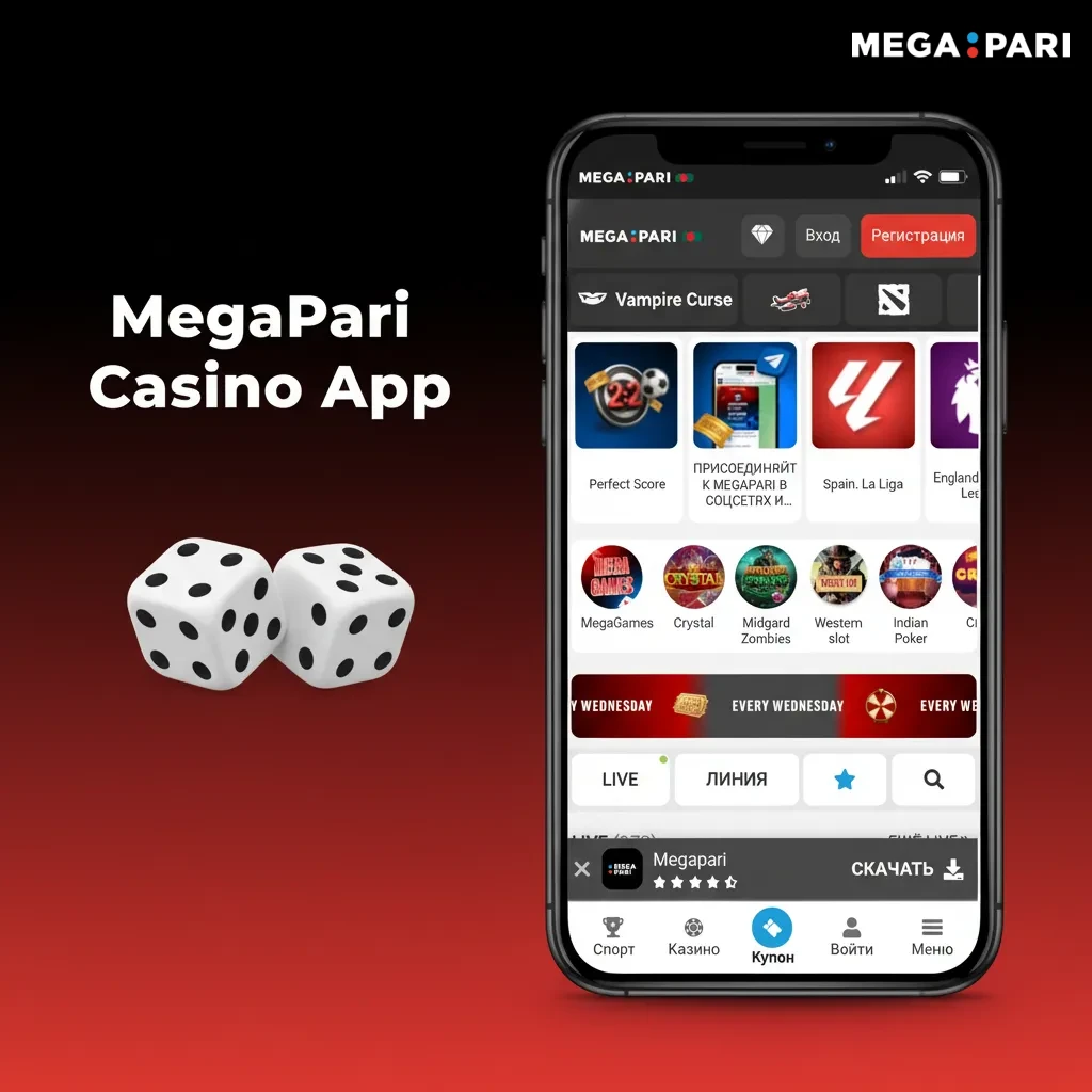 MegaPari Casino app home screen shows Casino next to Sports, slots, live dealer games, provider filters, promos, tournaments
