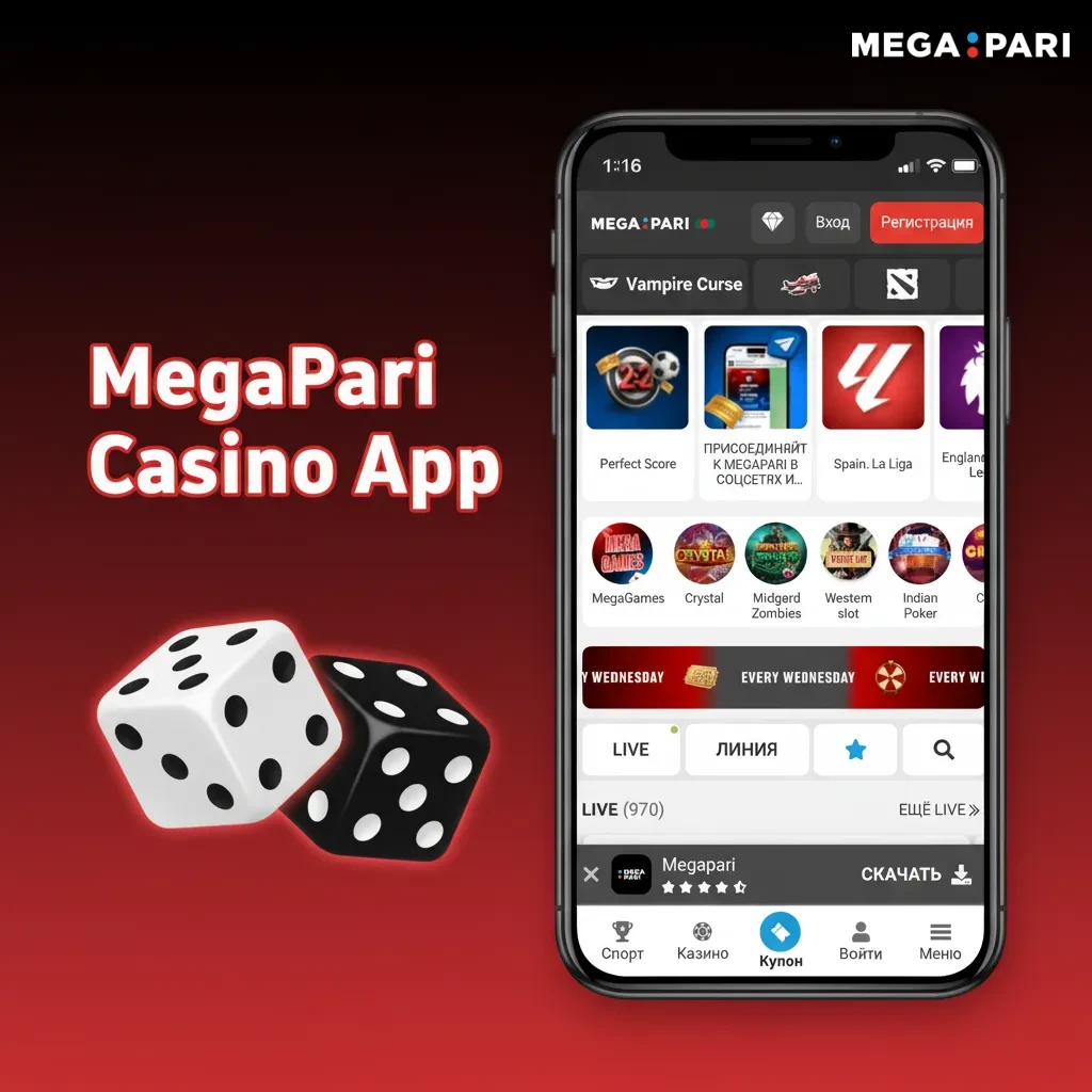 MegaPari Casino app showing sports/casino switch, live events, slots by top studios, live roulette, blackjack, baccarat