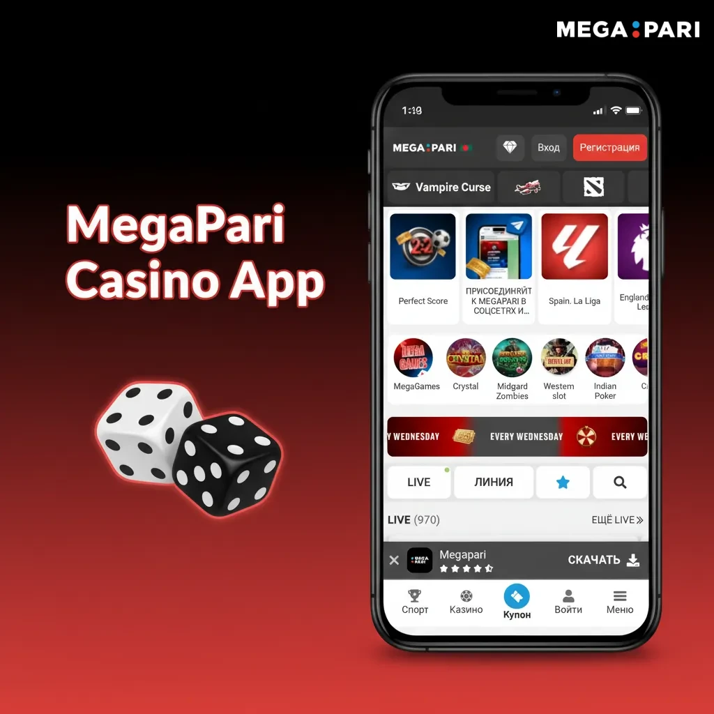 MegaPari Casino app showing slots, live dealer rooms, sports/casino toggle, trending games, and bonus promos.