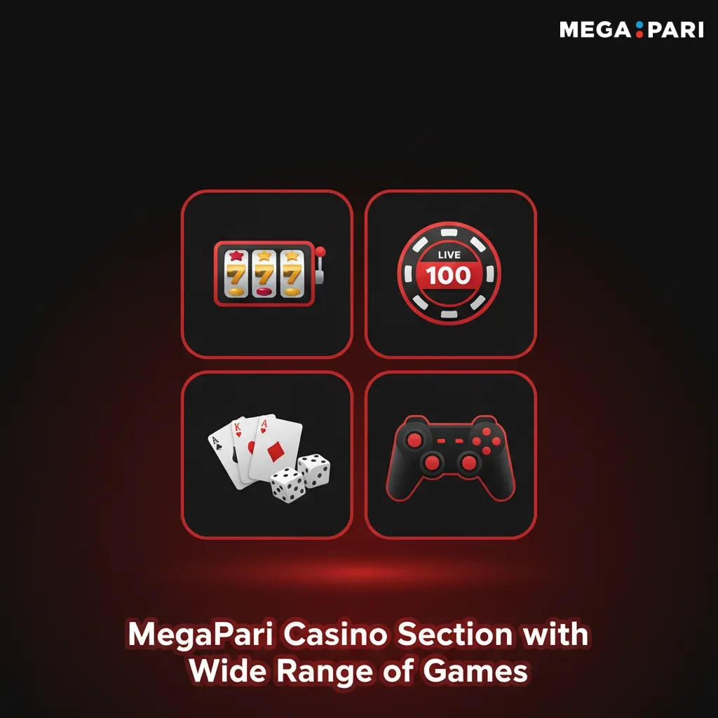 MegaPari casino lobby with filters and game tiles: Slots, Crash, Roulette, Blackjack, Baccarat, Video Poker, Instant, Arcade.