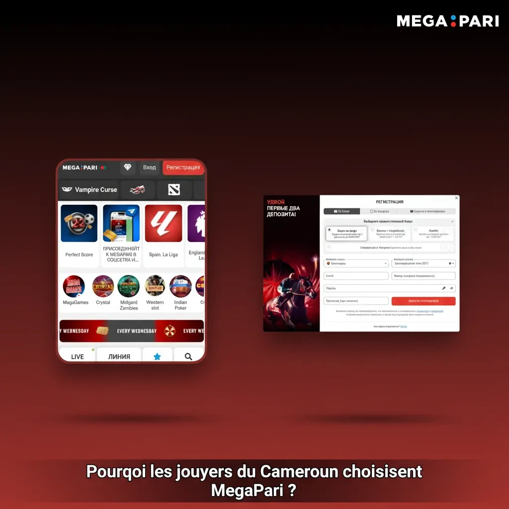 Visuel MegaPari Cameroun: paiements locaux XOF/XAF, paris Elite One/Ligue 1/NBA, app Android légère, support 24/7.