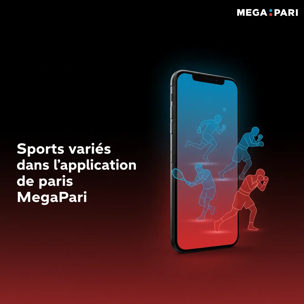 Interface de l’app MegaPari avec sports et eSports: football, basket, tennis; paris live/prématch et stats d’équipe.
