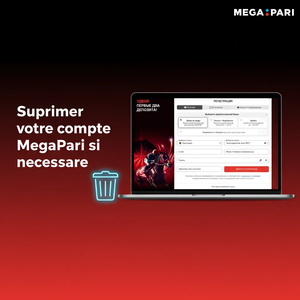 Écran MegaPari: Profil > Sécurité > Demande de clôture, choix auto-exclusion ou fermeture définitive; retirer le solde.