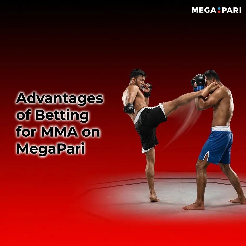 MMA fighters in octagon with MegaPari betting interface showing live odds, cash-out options, and payment methods in BDT