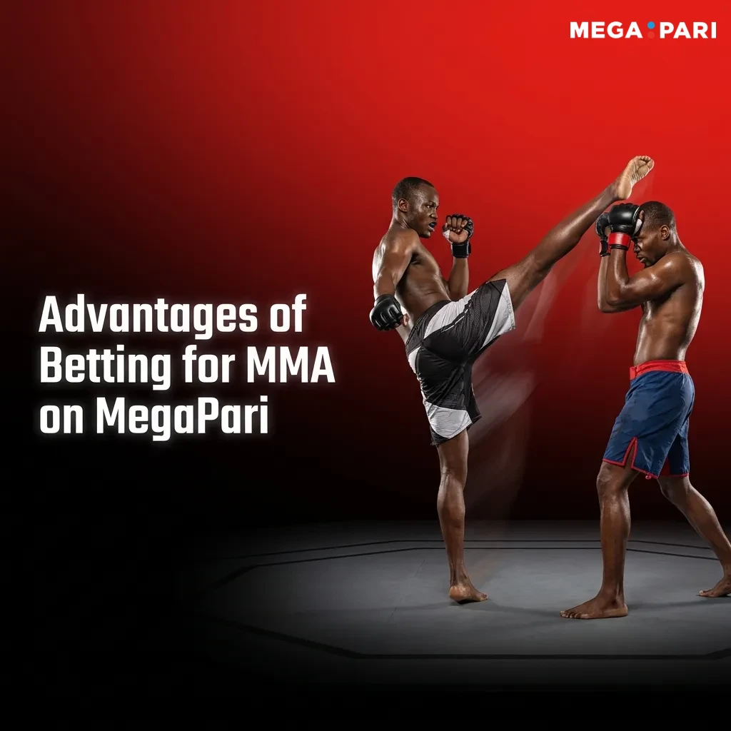 MMA fighter in octagon with MegaPari betting interface showing live odds, round betting, and cash-out options on mobile screen