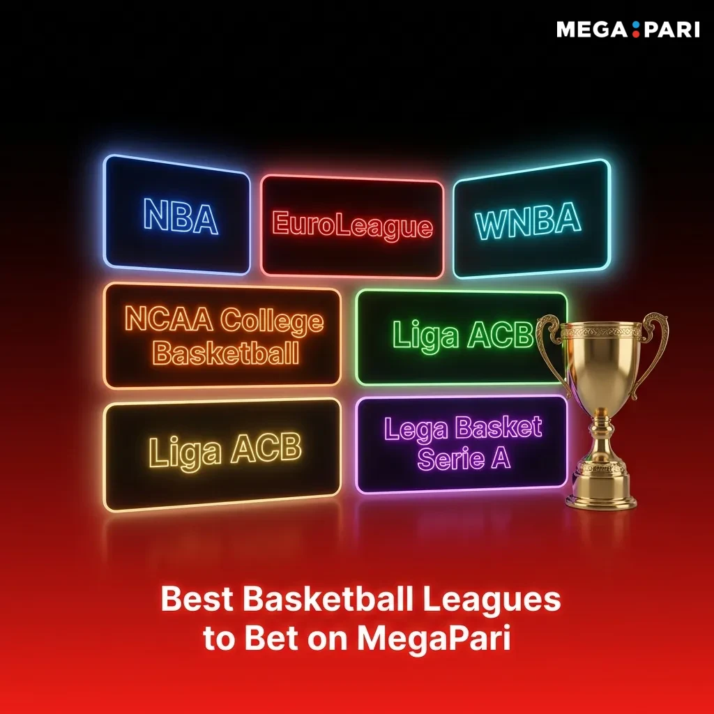 Basketball players competing on court with MegaPari betting odds displayed for major international leagues and tournaments