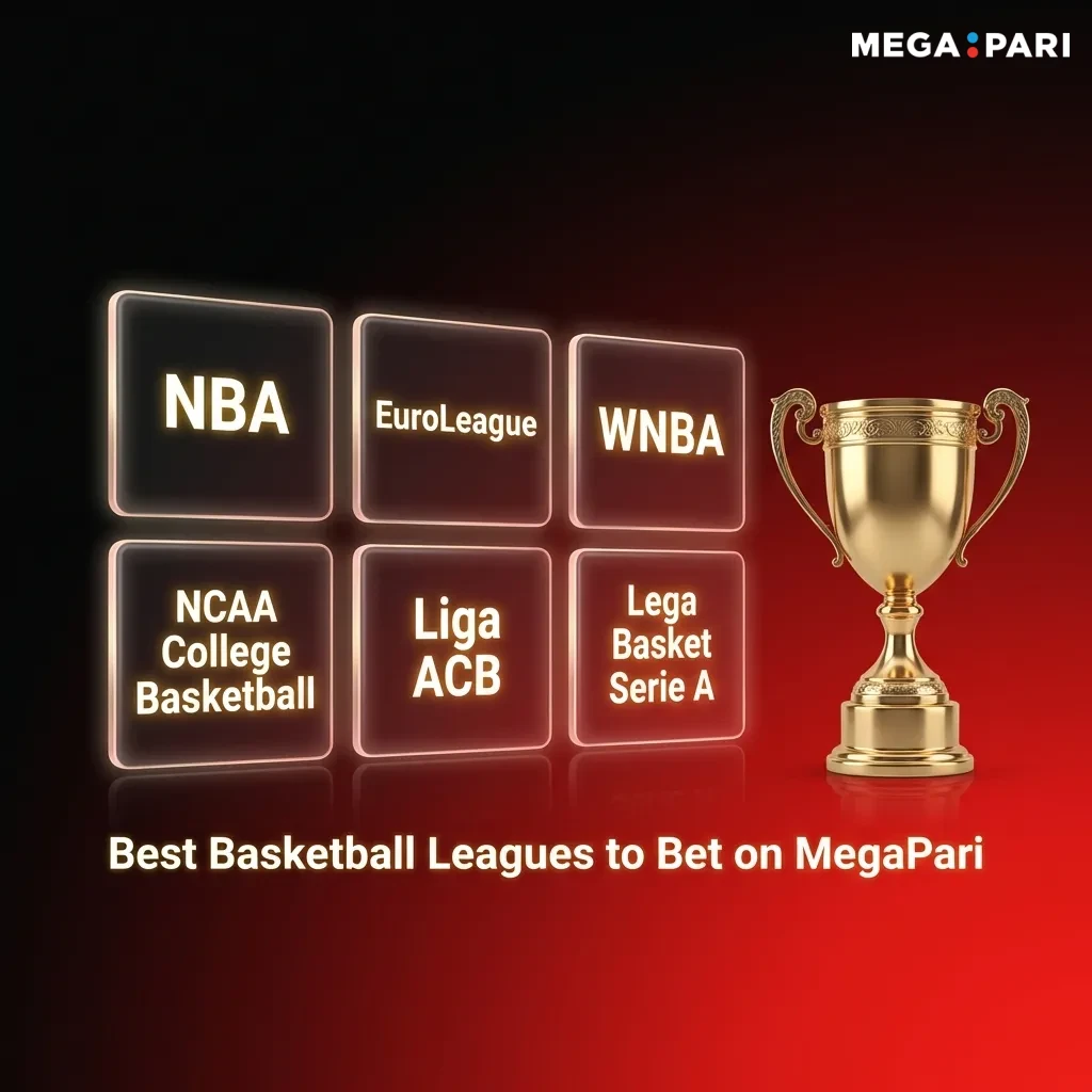 Basketball leagues available on MegaPari including NBA, EuroLeague, FIBA World Cup, NCAA, and international competitions