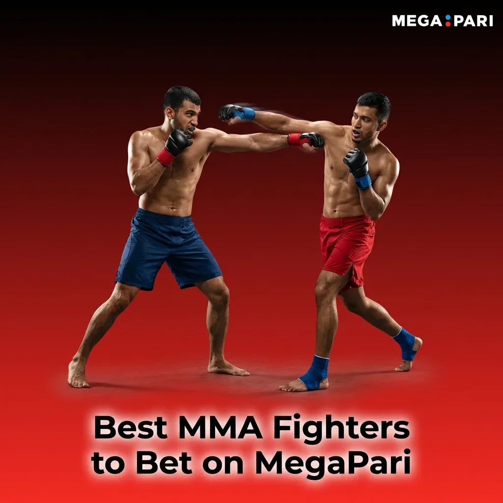 MMA champions including Islam Makhachev, Alex Pereira, and Jon Jones featured on MegaPari betting platform interface