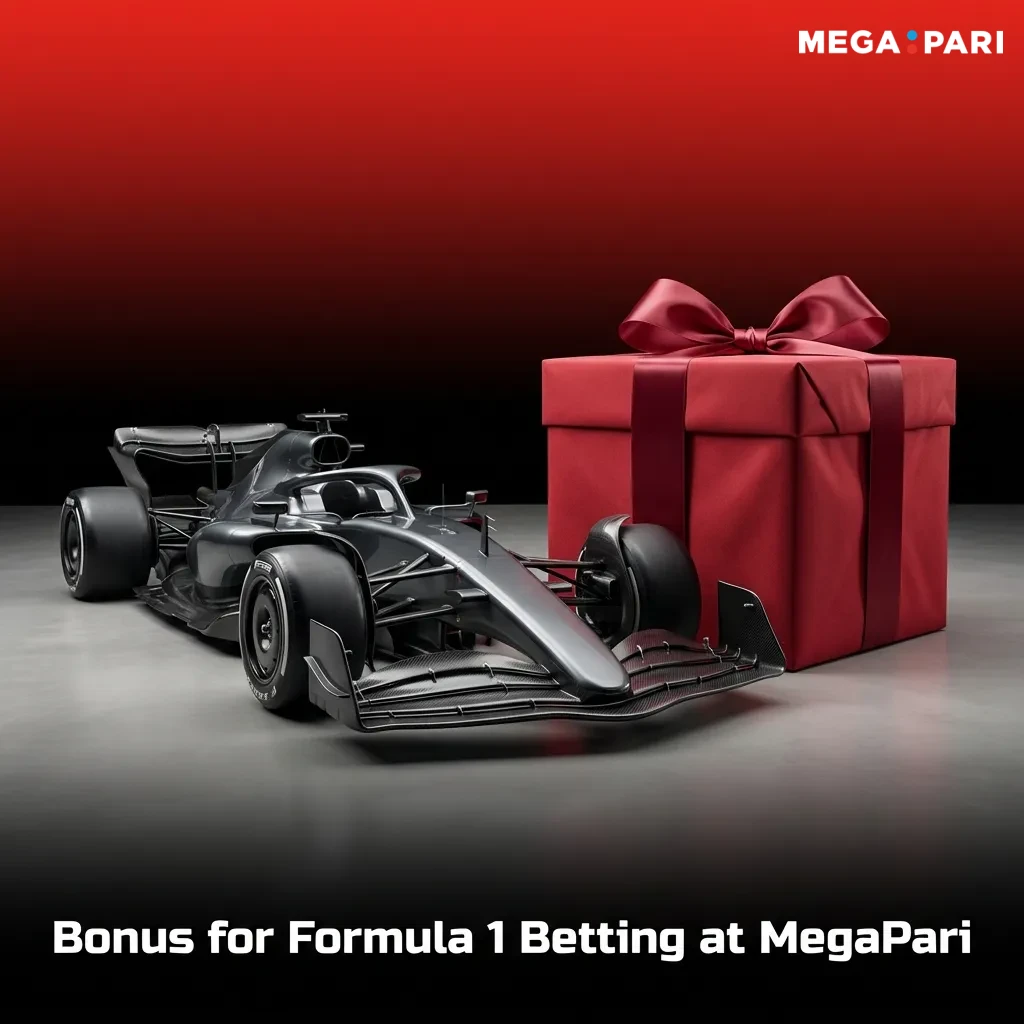 MegaPari Formula 1 betting bonus offer showing 100% match up to ₹10,000 for new users on first deposit with wagering terms