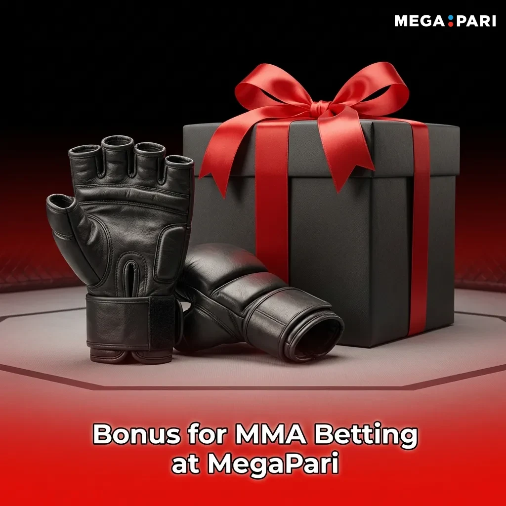 MMA fighter in octagon with MegaPari 100% bonus up to ₹20,000 promotion overlay for first-time sports bettors