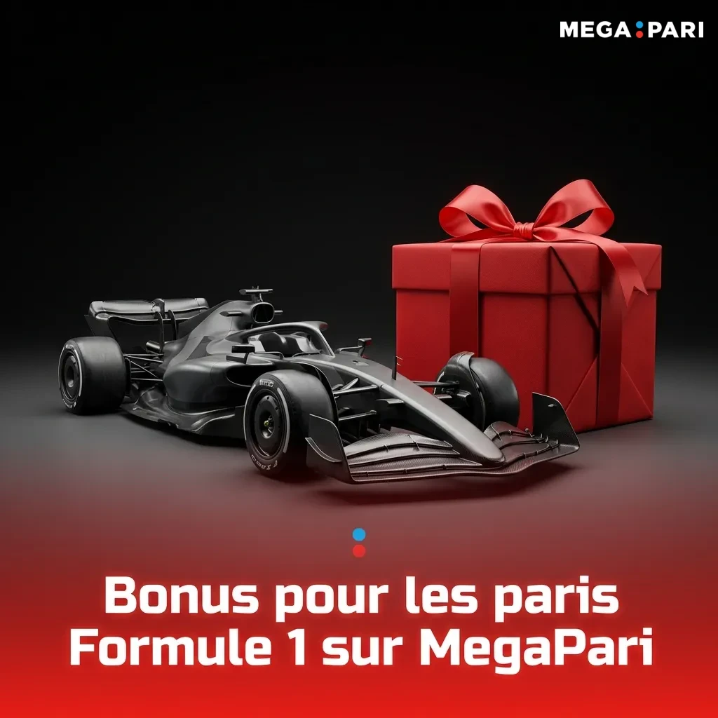 MegaPari Formula 1 betting bonus offering 100% welcome bonus up to 130,000 FCFA with wagering requirements displayed