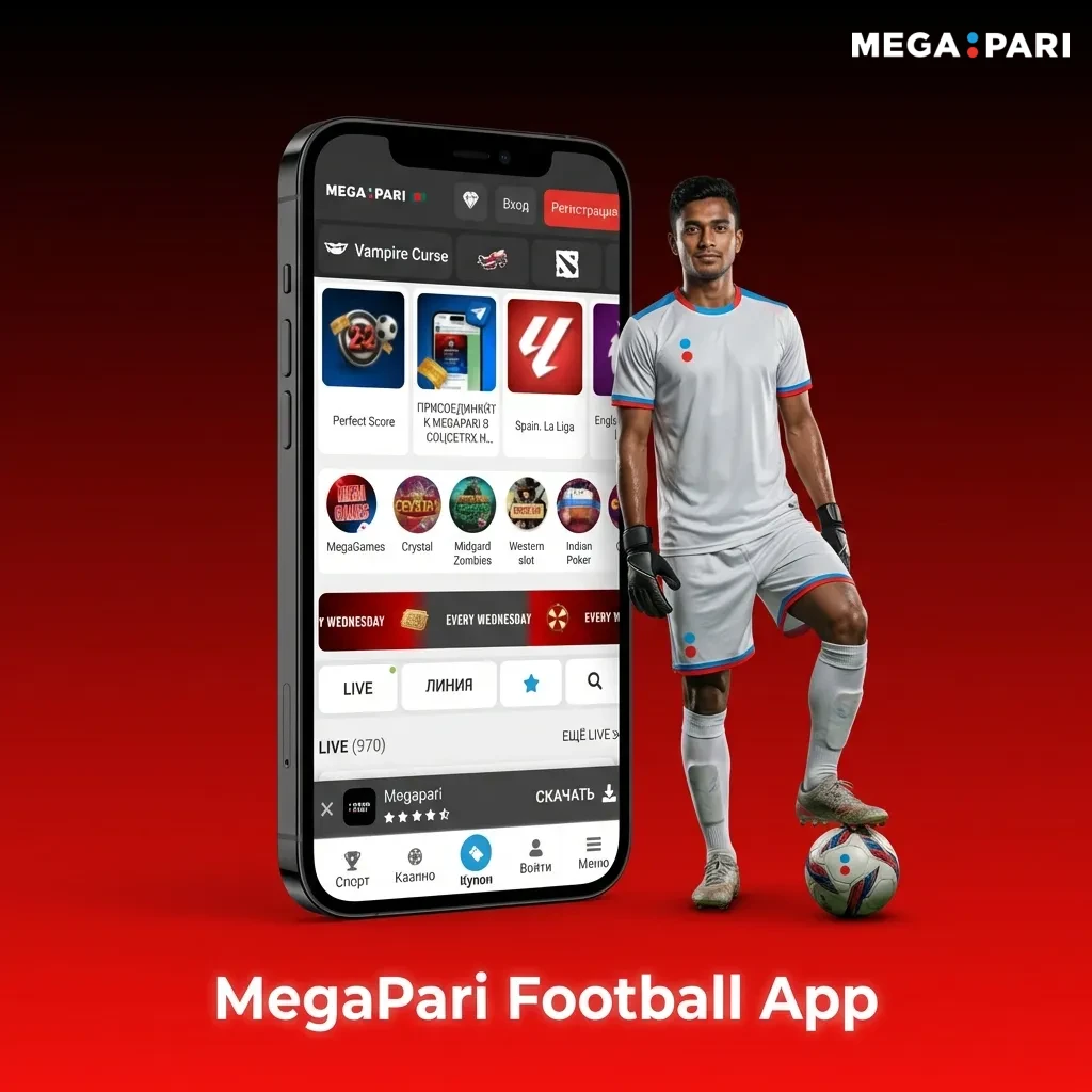 Mobile phone displaying MegaPari football betting app interface with match listings and bet slip options