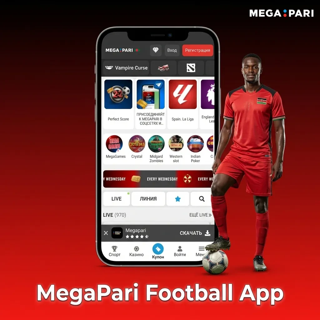 MegaPari football betting app interface showing sports markets, live matches, and mobile account management features