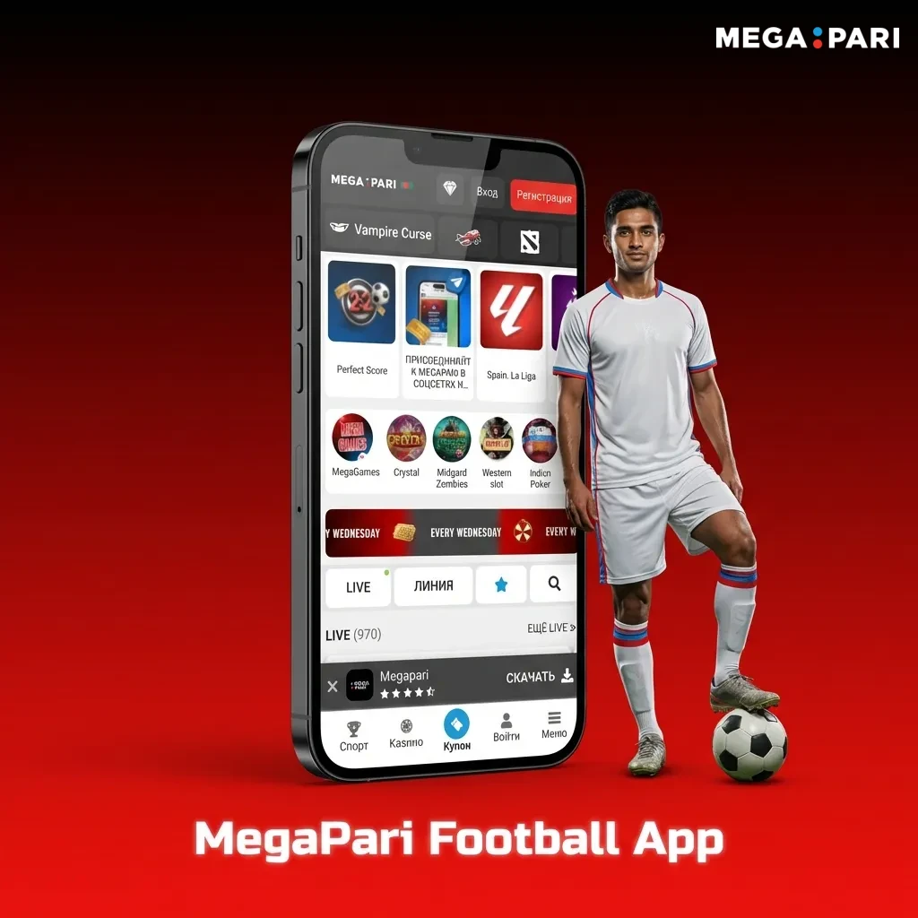 MegaPari mobile app interface showing football betting options, live matches, and quick bet placement features