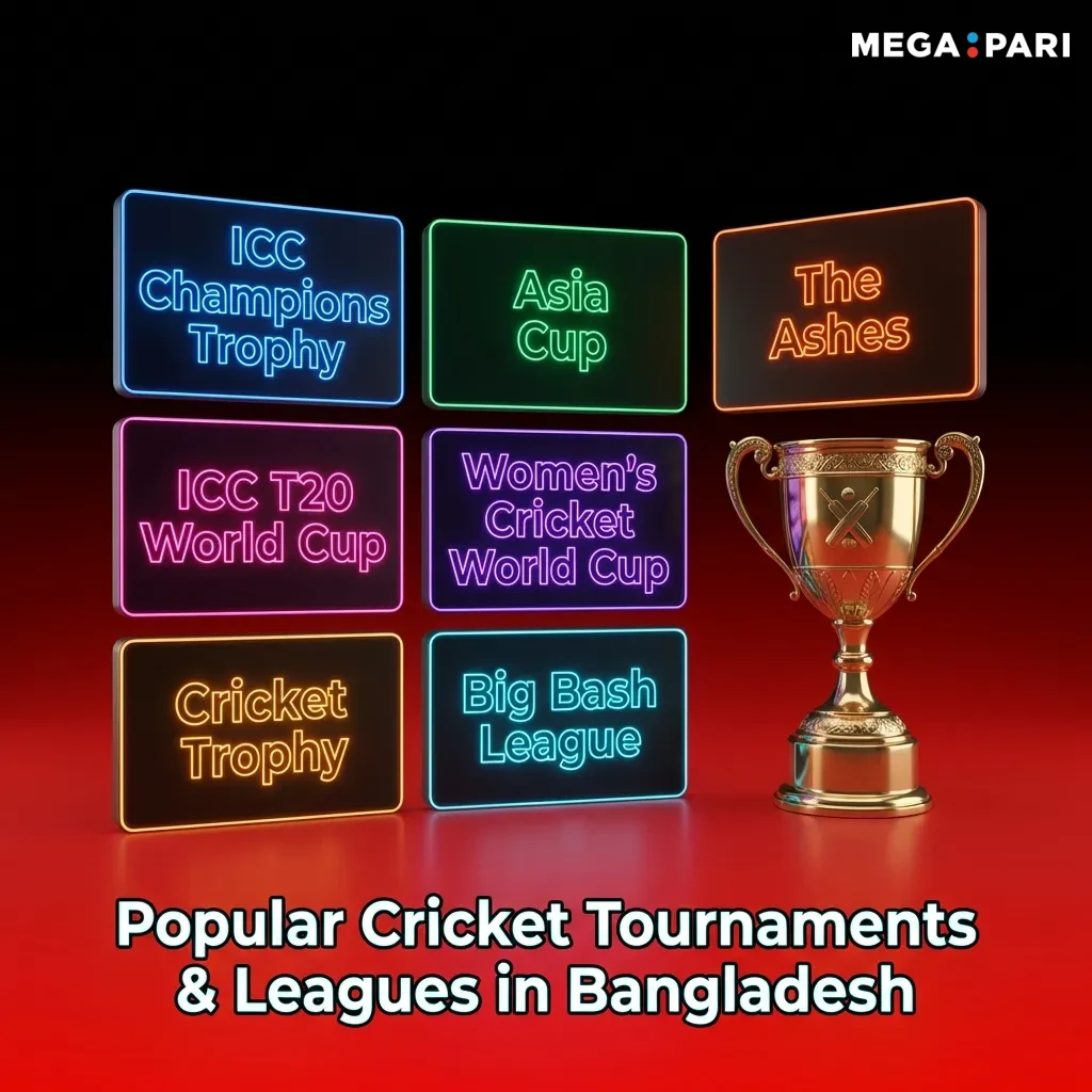 Cricket tournaments including World Cup, T20, IPL, The Ashes, and Bangladesh Premier League betting markets