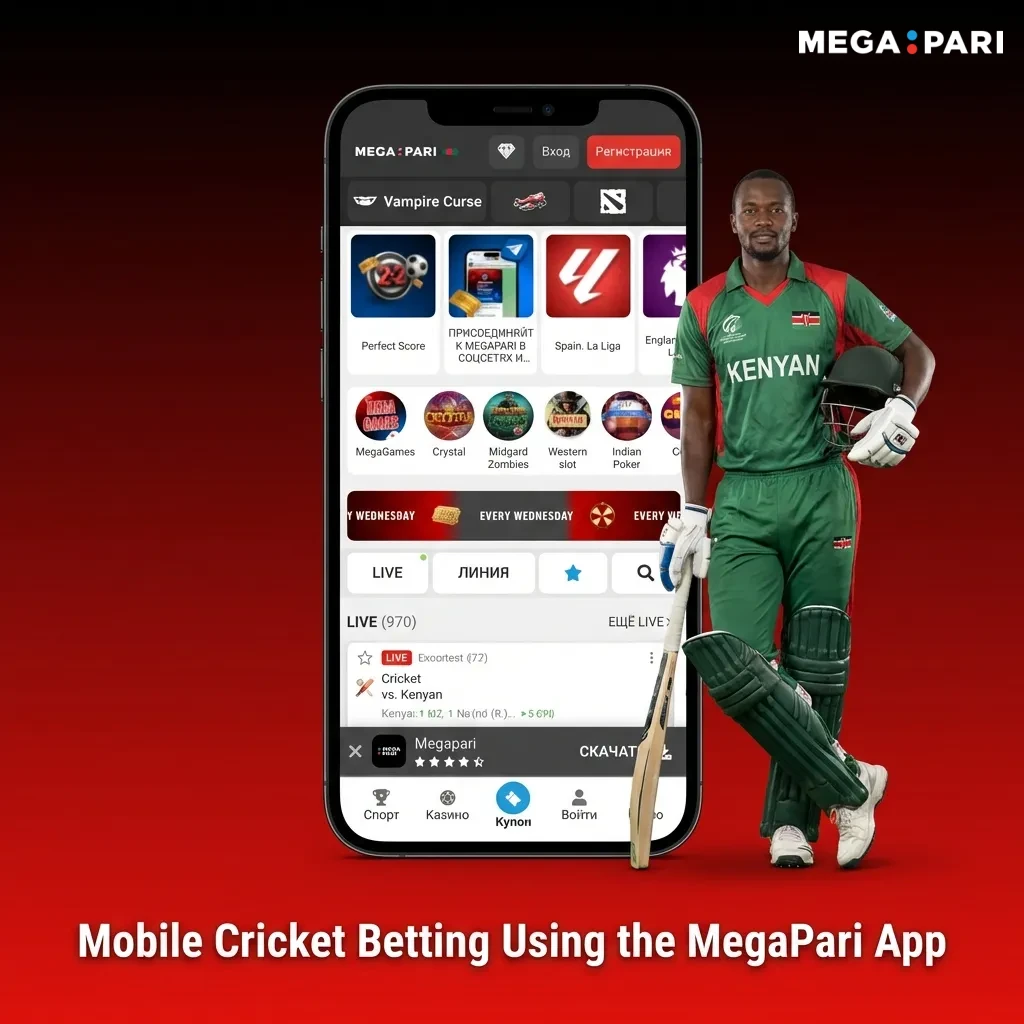 Person using smartphone to place cricket bet on MegaPari mobile app with live odds displayed on screen