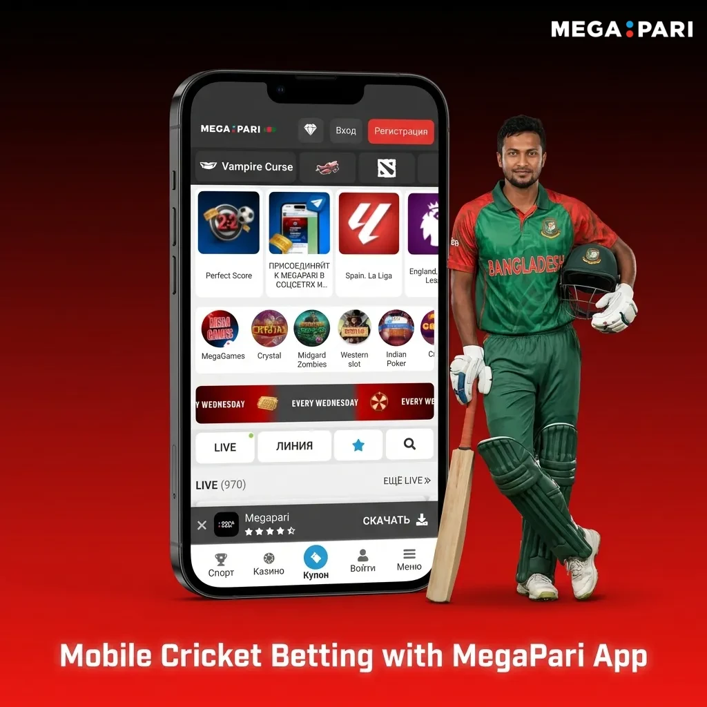 MegaPari mobile app interface showing cricket betting options and live match odds on smartphone screen