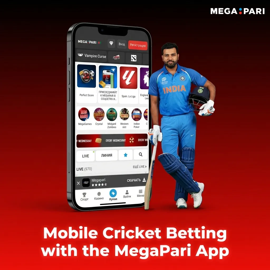 MegaPari mobile app interface showing cricket betting options on smartphone screen with match odds and bet slip