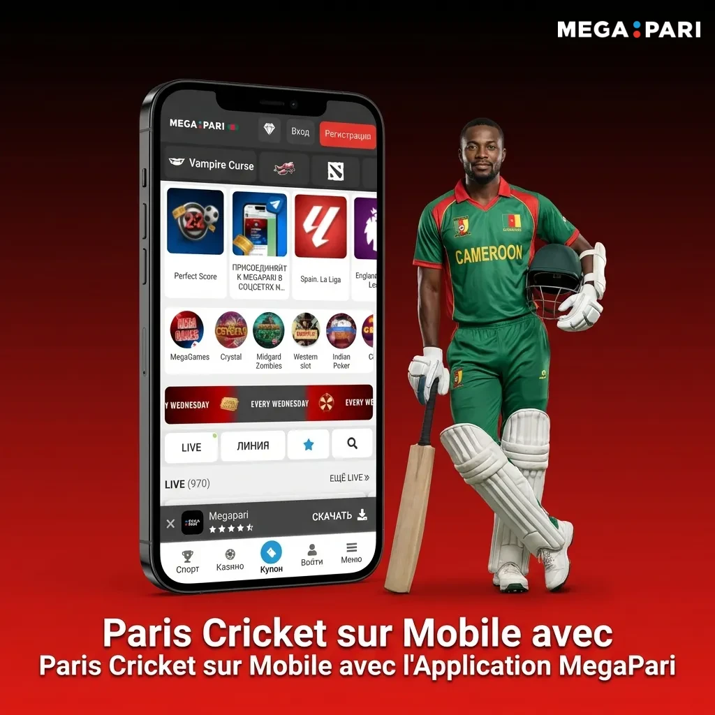 MegaPari mobile cricket betting app interface showing download options for Android and iOS devices with betting markets