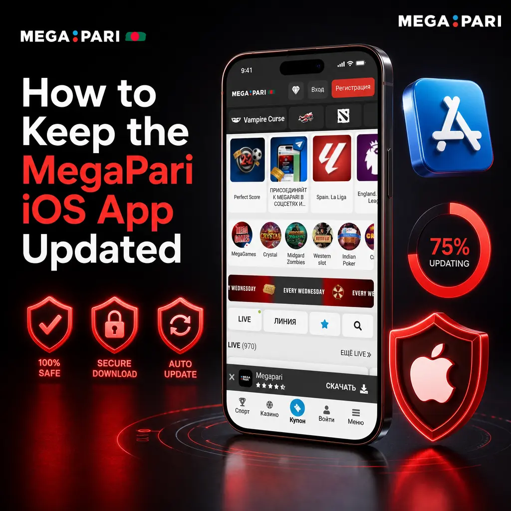 Steps to update the MegaPari iOS app: check download page, get latest file, reinstall while keeping login and betting history