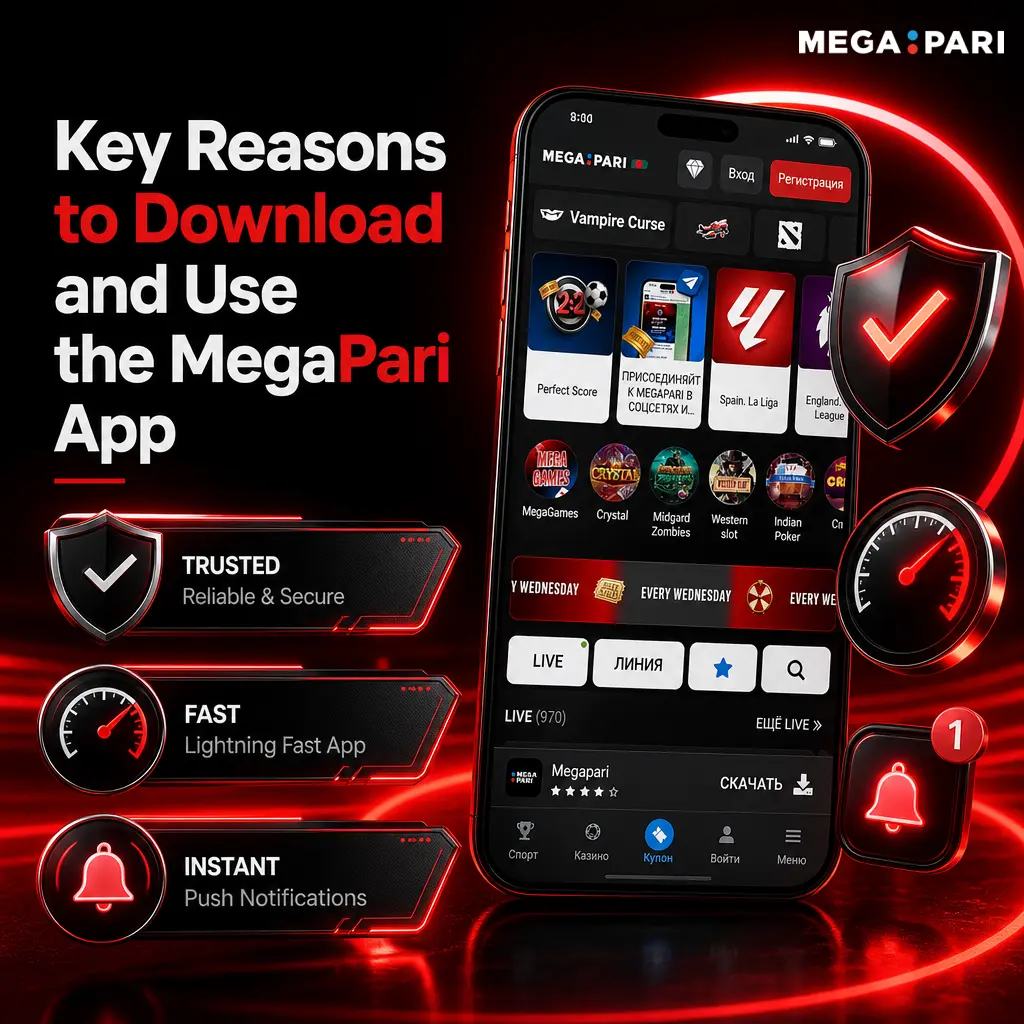 MegaPari app interface showing faster bet placement, live odds updates, and quick deposit options for betting and casino games