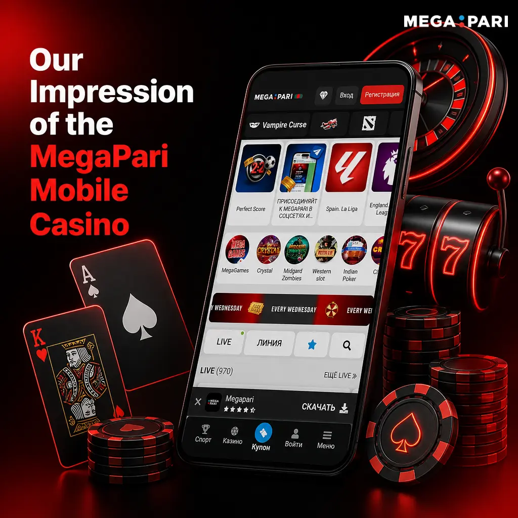 MegaPari mobile casino app lobby showing slots, live casino, table games, and search bar with provider filters