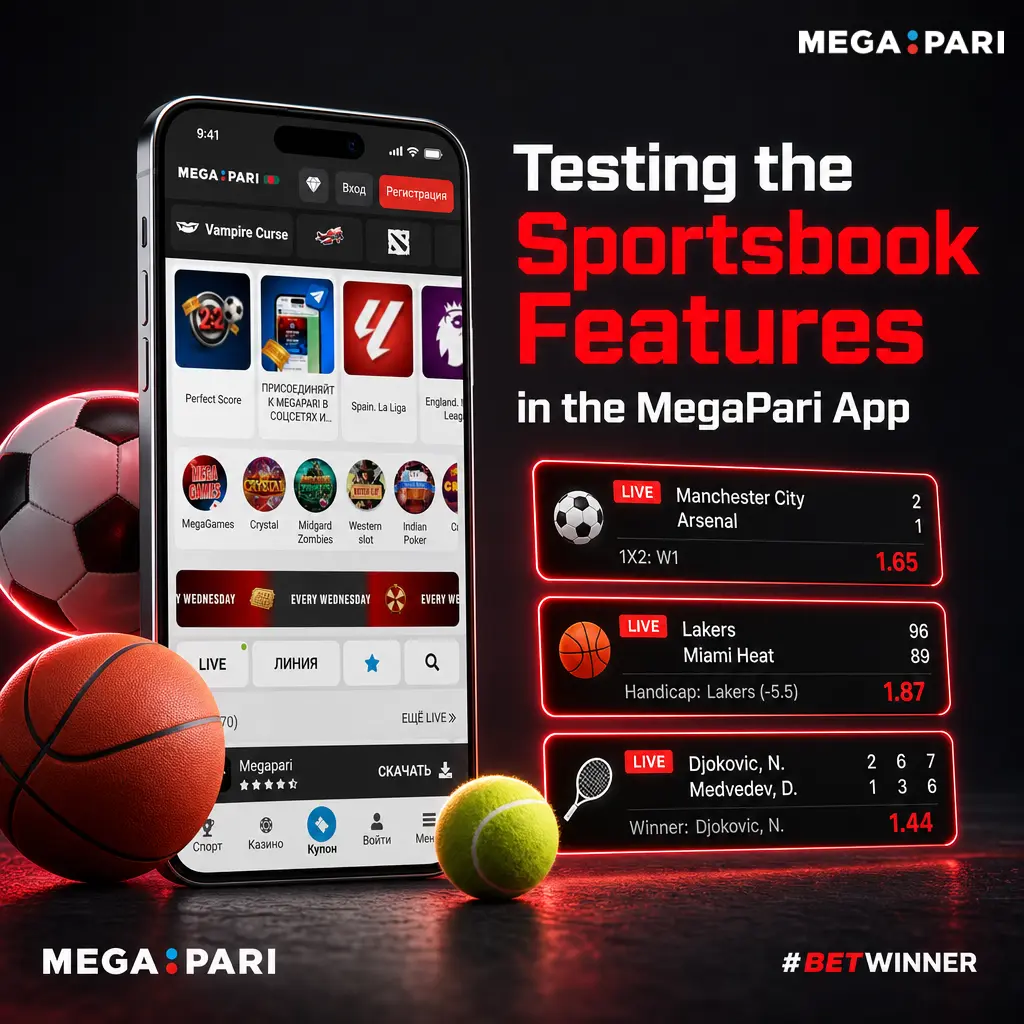 MegaPari app sportsbook screen showing live football odds, bet slip, and sports list including cricket and kabaddi